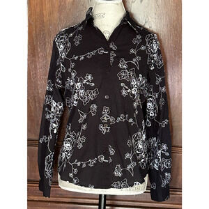 Chicos Black White Floral Embroidered Blouse Button Front Cotton Size 1 - READ